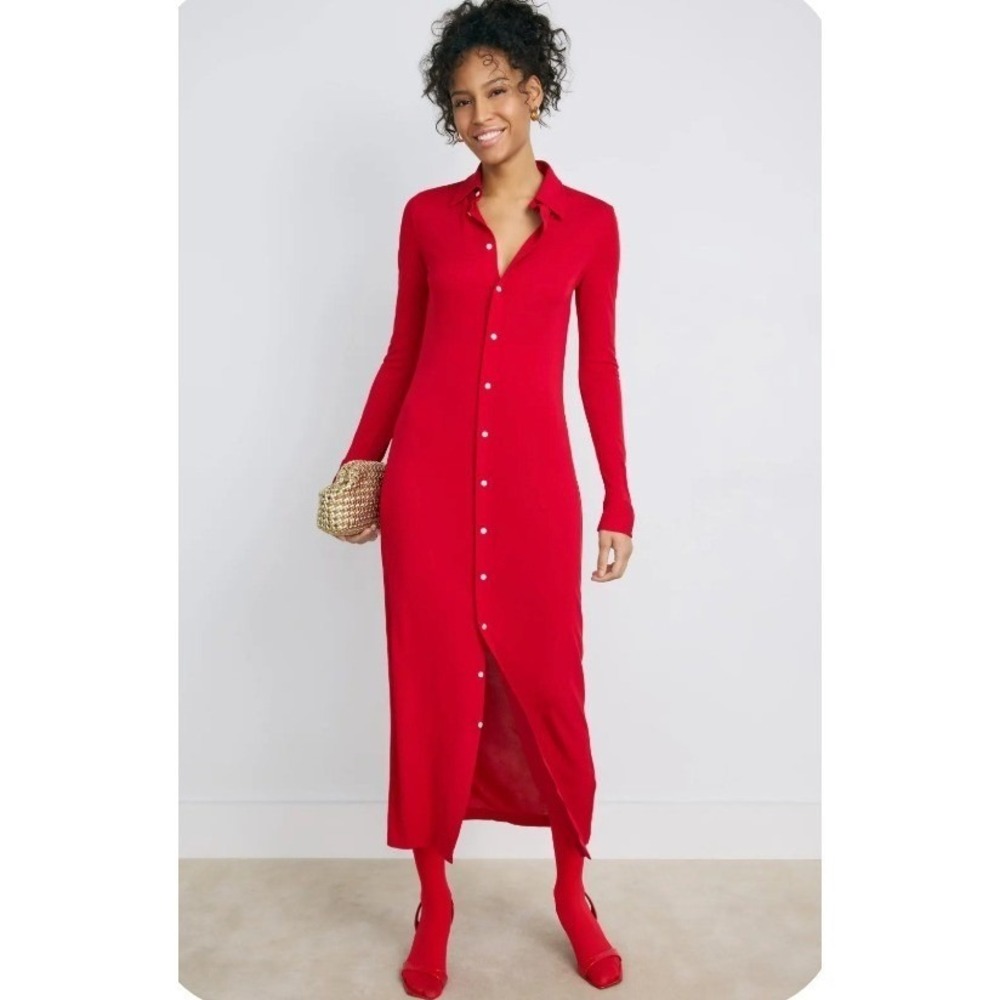 Polo Ralph Lauren Collared Long Sleeve Shirt Dress Red Button Front Maxi Sz M